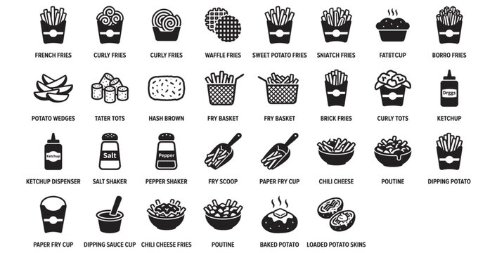 French Fries and Potato Side Dish Icon Set Collection, Fast Food Snack Black Outline Vector Bundle Isolated on White Background