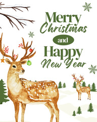 Watercolor christmas greeting card with reindeer and pine trees reindeer christmas watercolor © EDGE_STUDIO