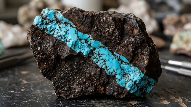 Raw turquoise vein embedded within dark ironstone matrix mineral specimen