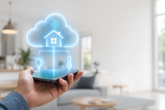 Hand Holding Smartphone with Cloud AI Smart Home Hologram