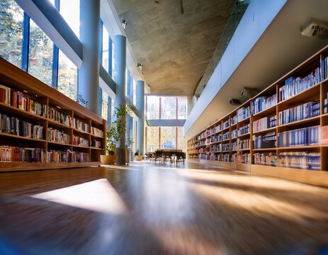 blurred perspective of a modern public library interior with rows of bookshelves and large windows serene and quiet atmosphere