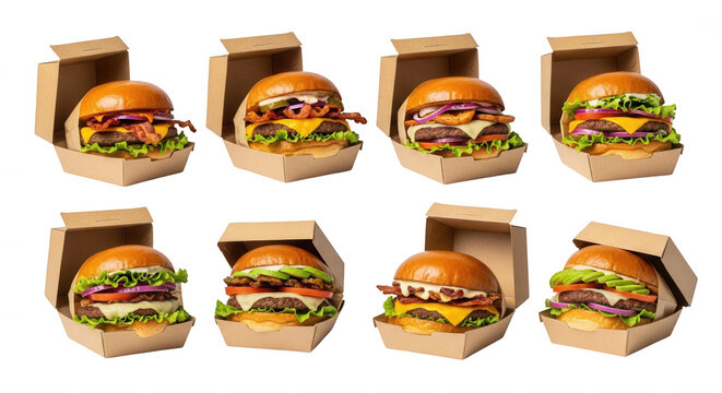 eight gourmet burgers presented in takeaway boxes on a white background food photography and restaurant marketing