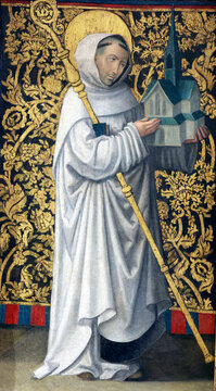 Museum of Fine Arts. Clairvaux Altarpiece, 16th century, oil on wood. Painting of Saint Bernard in white robes, holding a model of a church and a staff.