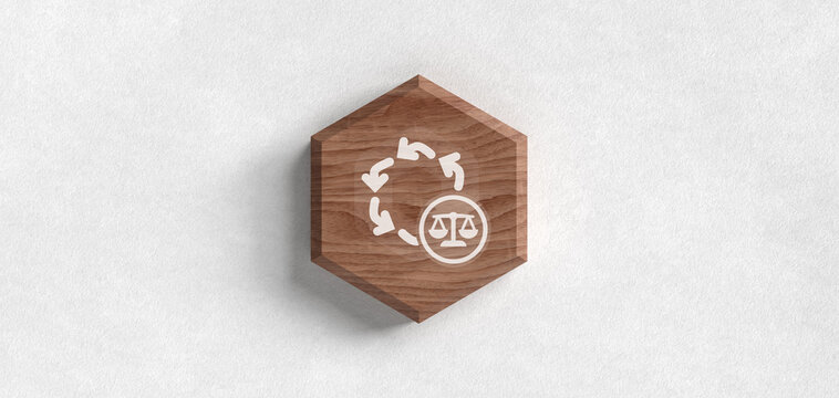 A wooden hexagonal block featuring a law scale icon and cyclical arrows representing legal compliance, regulatory cycles, and balanced justice within administrative processes