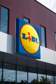 The Lidl brand logo at the entrance of the store. Poznań, Poland, August 2, 2026.