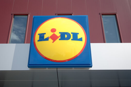 The Lidl brand logo at the entrance of the store. Poznań, Poland, August 2, 2026.