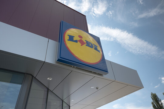 The Lidl brand logo at the entrance of the store. Poznań, Poland, August 2, 2026.
