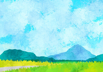 爽やかな青空と山並みの水彩風風景イラスト