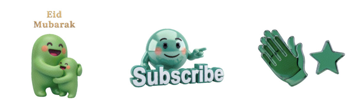 Eid mubarak characters and subscribe button graphic with green clapping hands and halftone patterns for online creators.