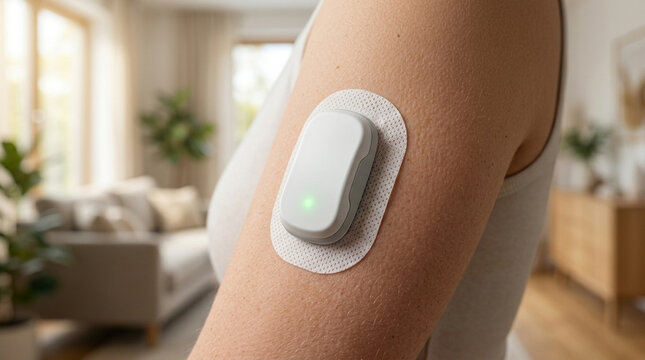 Woman's arm with CGM sensor, modern health technology, diabetes care, medical device