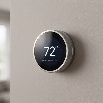 Modern smart thermostat on wall, digital temperature controller for home automation, silver circular climate control device