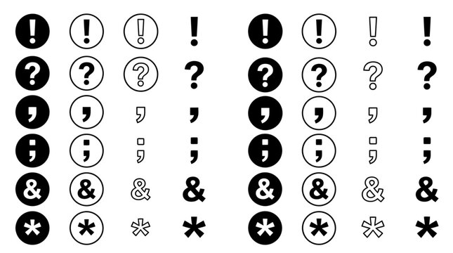 Black and white punctuation mark symbol icons featuring exclamation question mark ampersand comma and asterisk set, perfect for graphic design, web interface and typography editing