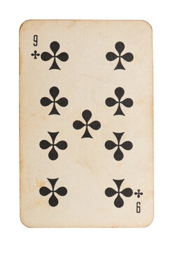 Vintage nine of clubs card on white background.