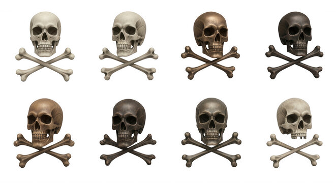 various skull and crossbones set on a white background suggesting concepts of danger and warnings for halloween decorations or pirate themes