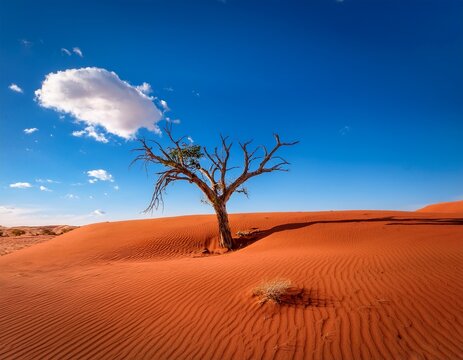 solitary dead camel thorn tree stands centered amidst vibrant red sand dunes under a brilliant blue sky with one single fluffy white cloud hovering above