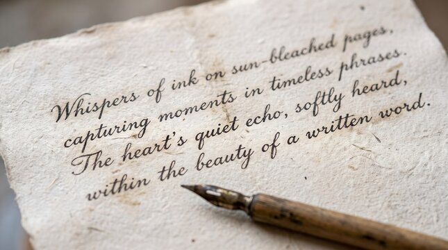 Vintage calligraphy pen resting on handmade paper with a romantic handwritten poem in elegant cursive ink.