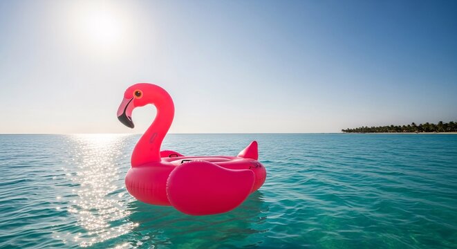 A vibrant pink flamingo inflatable float drifts peacefully on the clear turquoise ocean under a bright sunny sky with a distant tropical island.