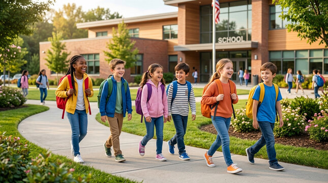 Happy diverse children walking towards school Building, back to school, elementary students