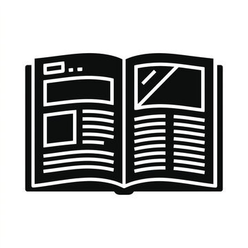 Open magazine icon. Black silhouette of a journal or book spread for editorial design.