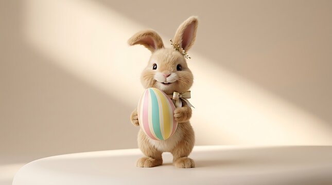 Cute fluffy easter bunny holding a colorful striped egg