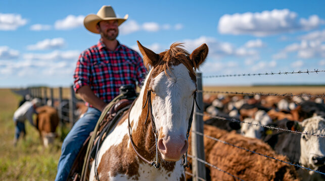 Cattle rancher on horseback surveys a dry sunbaked pasture at harsh midday, an elderly cowhand dismounting nearby to check a fence post, wide prairie, livestock management, ranching heritage, agricu