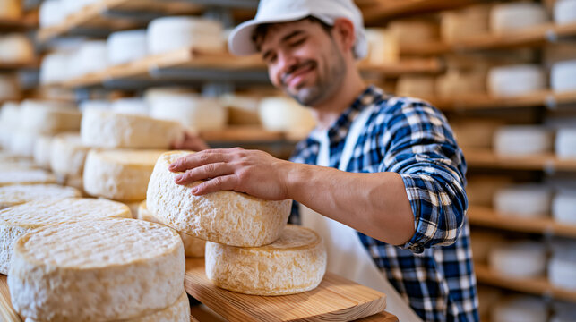Cheese maker in a luxury stone-vaulted aging cellar turns wheels of maturing curd on wooden shelves, wide establishing shot of hundreds of rounds aging in humidity-controlled rows, artisan dairy, fa