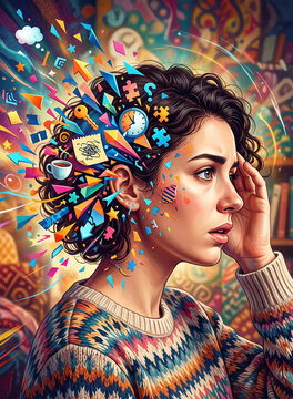 Young Woman Experiencing Short Term Memory Loss and Mental Overload Concept Illustration