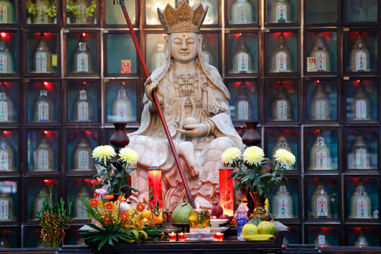 Van Phat Pagoda, or Temple of the 1,000 Buddhas. Bodhisattva Kshitigarbha is the Buddhist bodhisattva of great compassion who protects the deceased and children . Ho Chi Minh City, Vietnam.