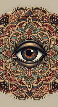 Intricate mandala pattern with eye symbol design.