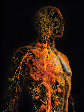 Man silhouette nerve network lung inflammation chest vascular tree nervous system respiratory inflammation systemic inflammation reduction body map golden fe cb efcdee