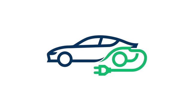 Minimalist electric vehicle logo icon design featuring a sleek car silhouette connected to a green power plug symbol