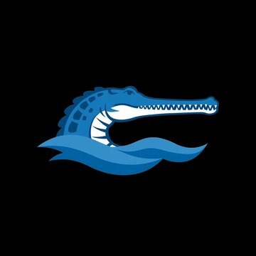 Gharial Crocodile Wave Logo, Rare Megafauna Predator