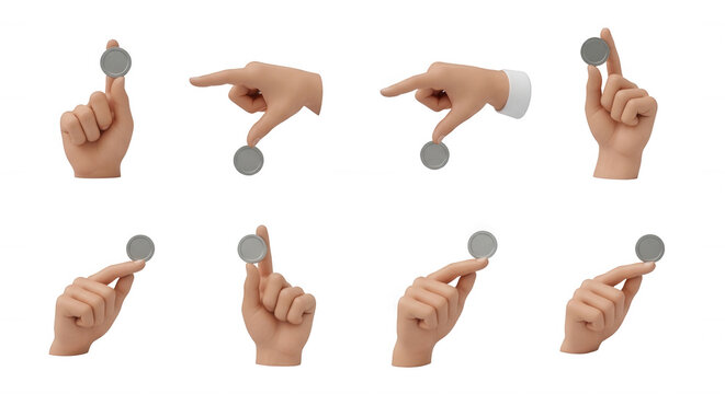 various hand gestures pointing at touching or holding a metallic coin on a plain white background financial concepts
