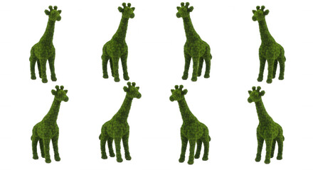 Fototapeta premium eight topiary giraffes stand facing each other in a clean white studio background decorative and garden themed designs