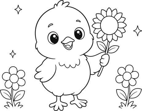 Cute baby chick coloring page, cartoon bird holding sunflower, nursery vector art