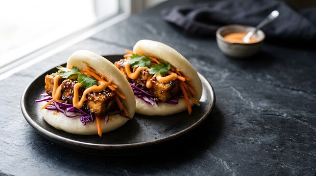 Two fluffy steamed bao buns with crispy tofu. Asian fusion street food served on a plate.