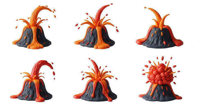 clay volcanoes erupting on white background simulating a fiery explosion for educational illustrations