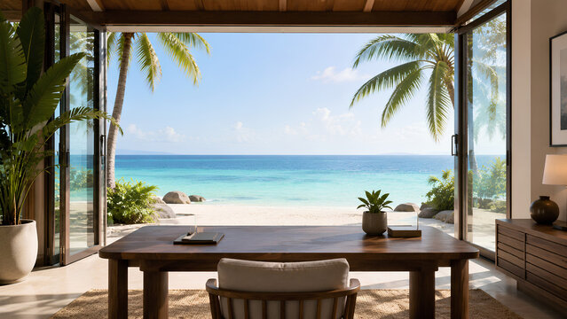 Luxury Tropical Beach Office Virtual Background with Ocean View Workspace
