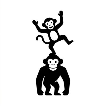 Two monkeys balancing on each other. Cute animal stack illustration for playful design.