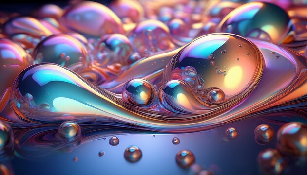 an abstract background featuring a glossy surface covered with iridescent bubbles in various sizes