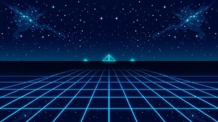 Synthwave pixel art landscape with glowing grid floor and distant pyramid under a starry deep space sky