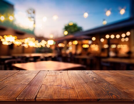 empty wooden table with blur rustic bar restaurant cafe background