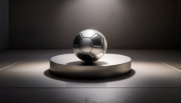 a metallic soccer ball rests on a modern circular podium casting a shadow on a concrete surface under soft lighting goals achieved football world cup banner