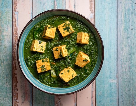 vibrant spinach curry with tofu cubes in rustic top view of palak paneer or