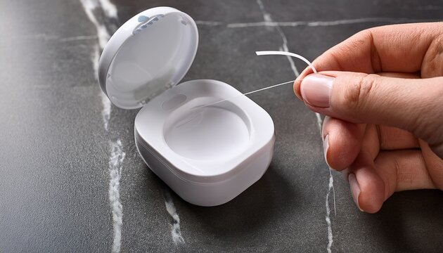 hand using dental floss from modern container on stone bathroom surface
