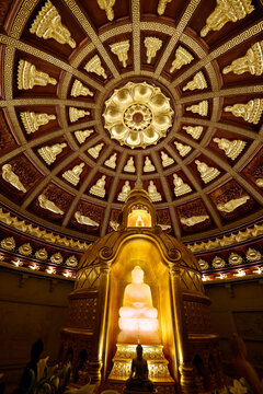 Bai Dinh Pagoda. The interior of a Buddhist temple features a dome adorned with gilded statues of Buddha. A large statue of Buddha is prominently displayed in the center. Ninh Binh, Vietnam.
