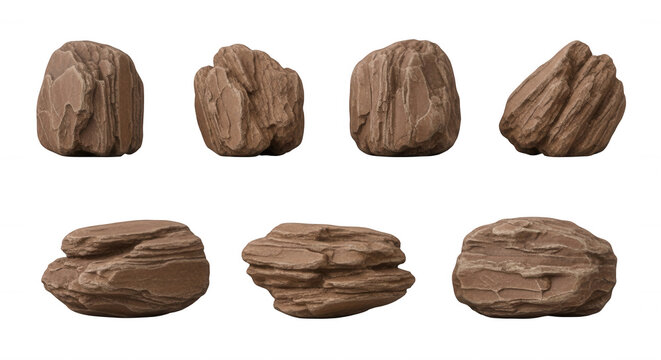 various brown stones in different perspectives on white backdrop for 3d modeling geological study and creative projects