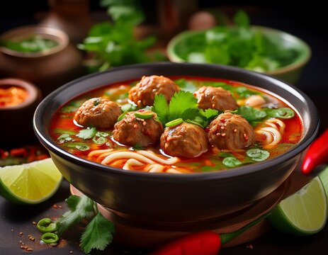 generative ai depicts a bowl of spicy asian meatball soup garnished with herbs and lime