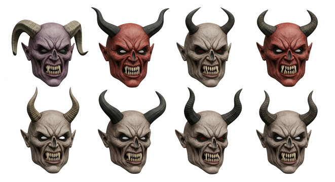 assorted devil faces featuring horns fangs and fiery eyes isolated on white halloween horror and demonic themes