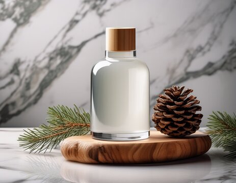 elegant frosted glass bottle with wooden cap and pine cone on marble surface